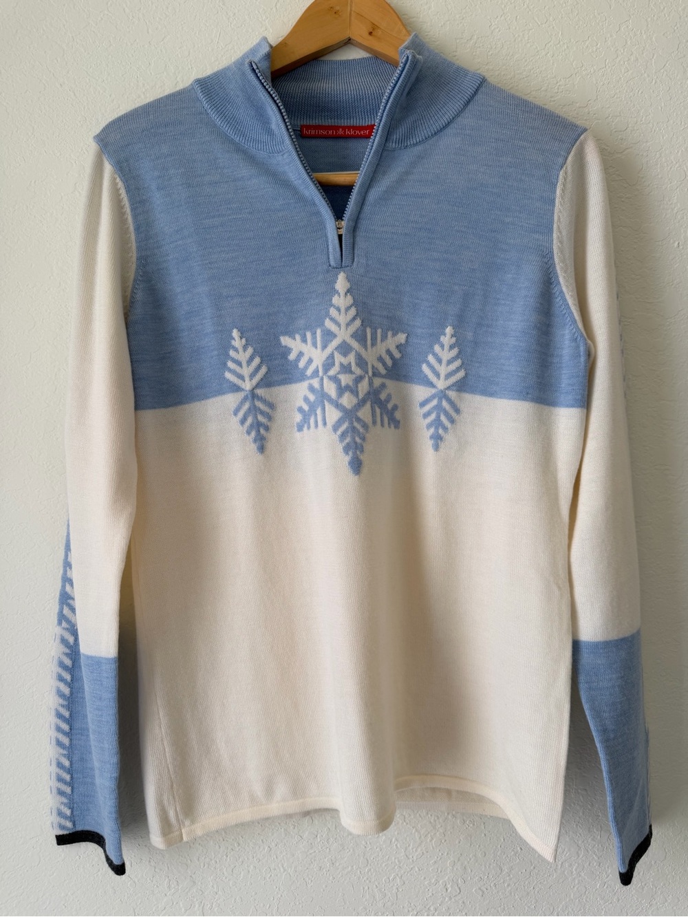 Krimson Klover Merino Wool Snowflake Pullover Sweater Ivory & Blue